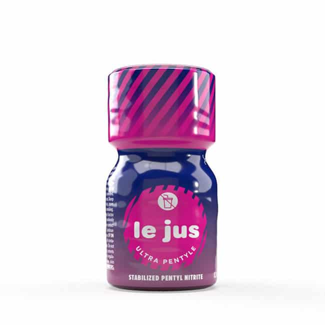 A 10ml bottle of Le Jus Ultra PENTYL featuring a pink and blue label design with text indicating it contains stabilized pentyl nitrite.