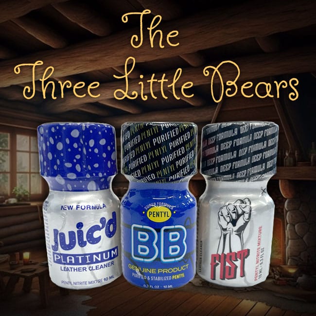 An assortment of Three Little Bears brand aromatic bottles presented in a cozy wooden cabin setting.