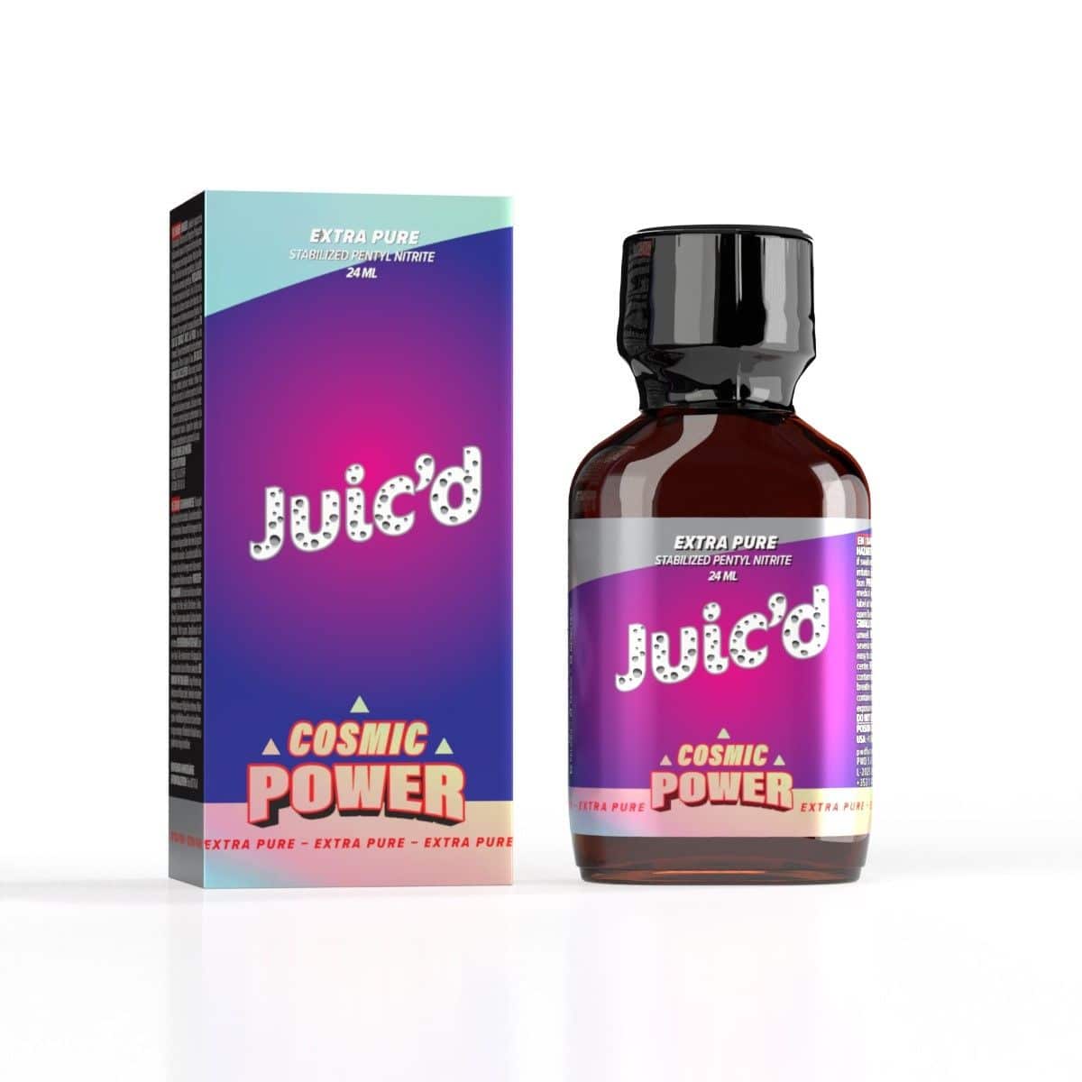 A sleek bottle of Juic'd Cosmic Power Pentyl with bold purple branding accompanies its vibrant packaging box, emphasizing its 'cosmic power' and boasting extra purity for an energetic appeal.