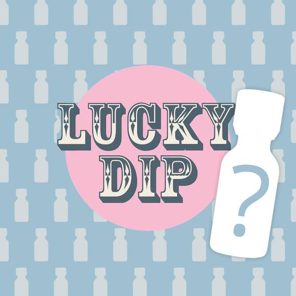 A playful and inviting 'LUCKY' graphic with a mysterious question mark on a bottle silhouette, set against a patterned background with bottle icons.