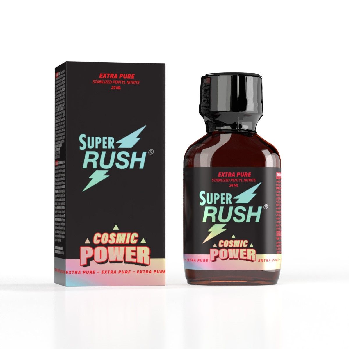 A sleek Super Rush Cosmic Power Pentyl packaging and bottle design with a bold, futuristic look emphasizing extra purity.