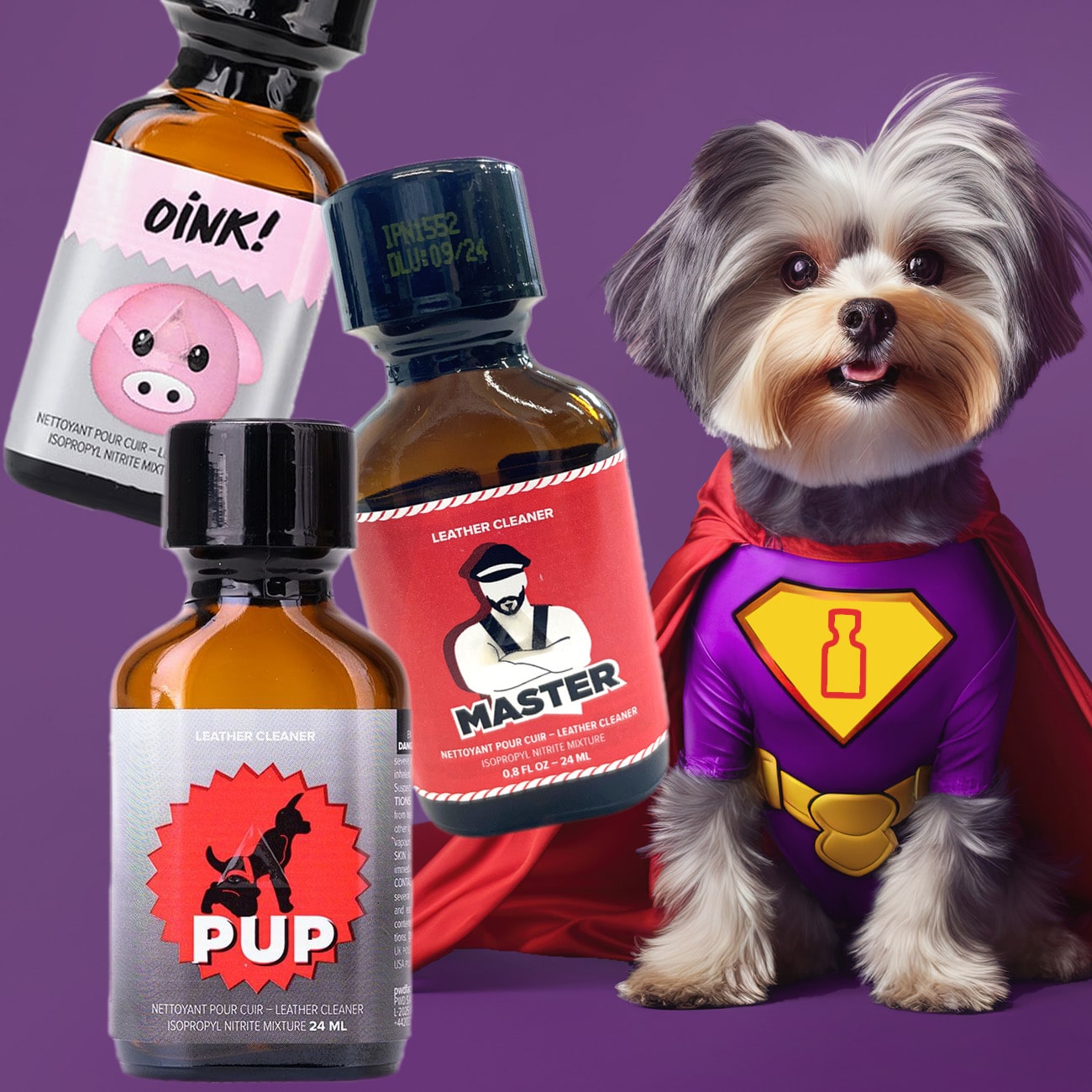 A heroic-looking dog dressed in a superhero costume poses confidently alongside a pack of playful, masterpup pack personal care products.