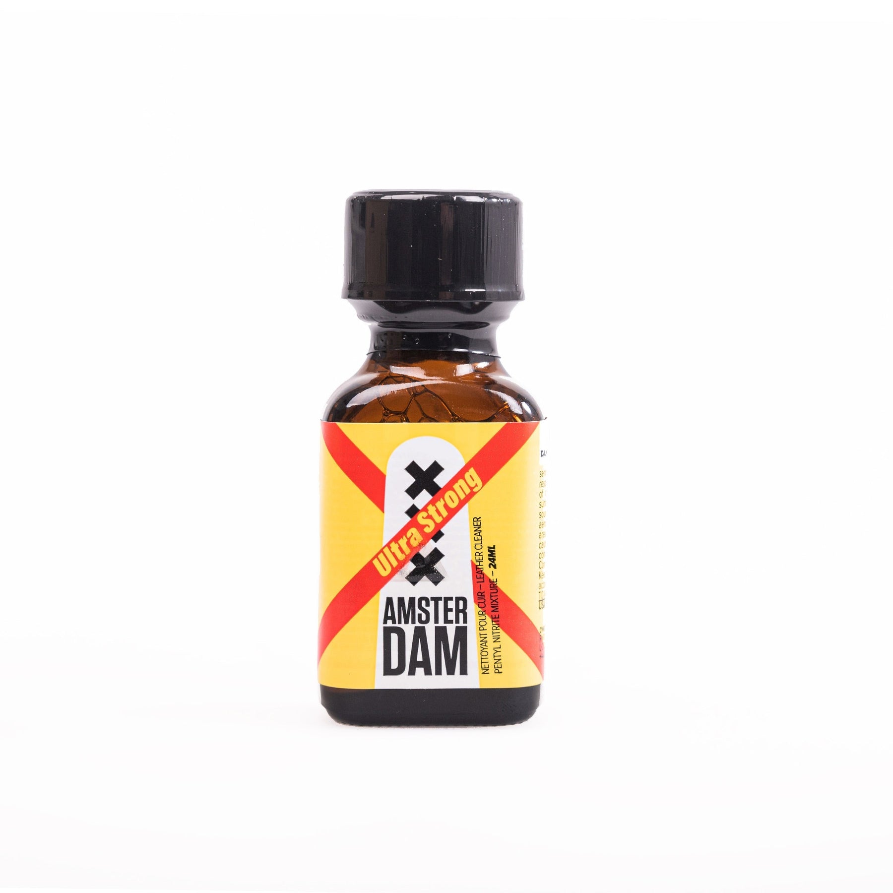 A small, brown glass bottle with a yellow and black label, featuring the text "Amsterdam XXX Ultra Strong Poppers 24ml," against a white background.
