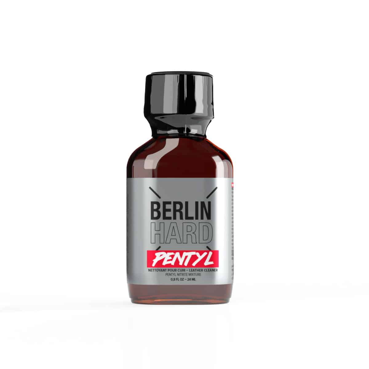 A bottle of Berlin Hard Pentyl 24ml, featuring a strong, bold design, isolated on a white background.