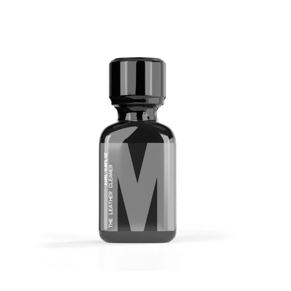 A sleek bottle with modern minimalist design featuring a bold letter 'M' on the label, ideal for M The Leather Cleaner Pentyl.