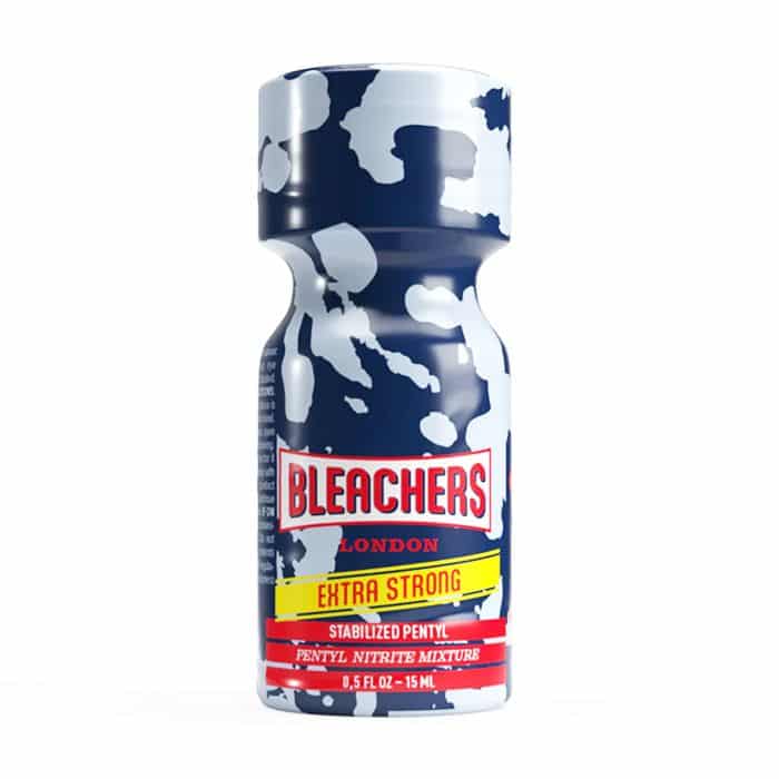 Sentence with Product Name: A 15ml bottle of "Bleachers Pentyl Extra Strong" with a distinctive cow print design, advertising a stabilized pentyl and nitrite mixture, commonly used as a cleaning product or nail polish remover.