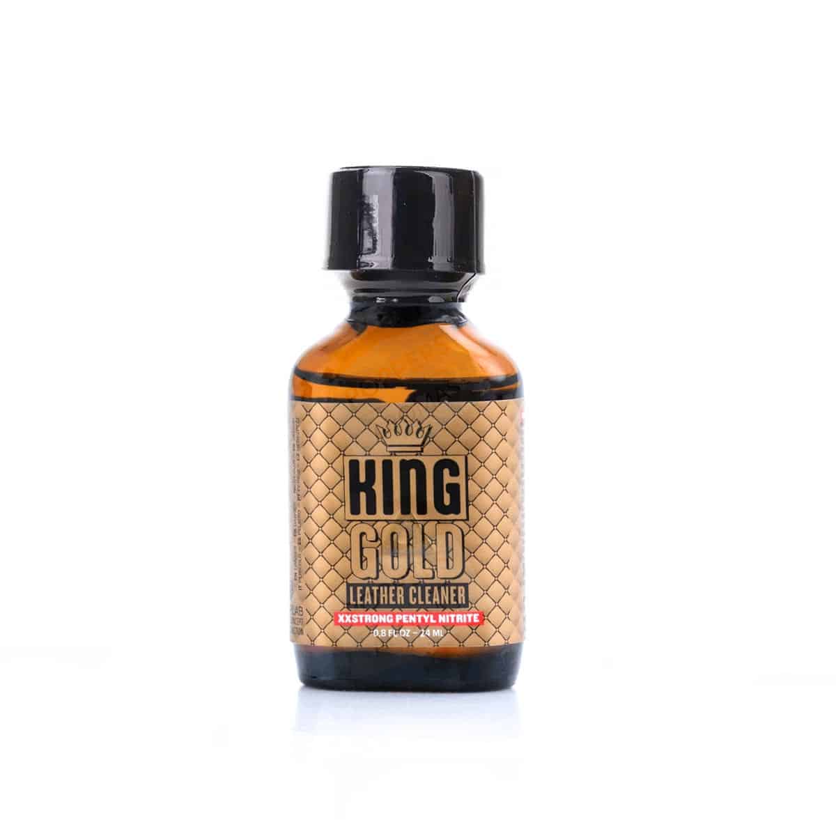 A bottle of King Gold Poppers 24ml leather cleaner, isolated on a white background.