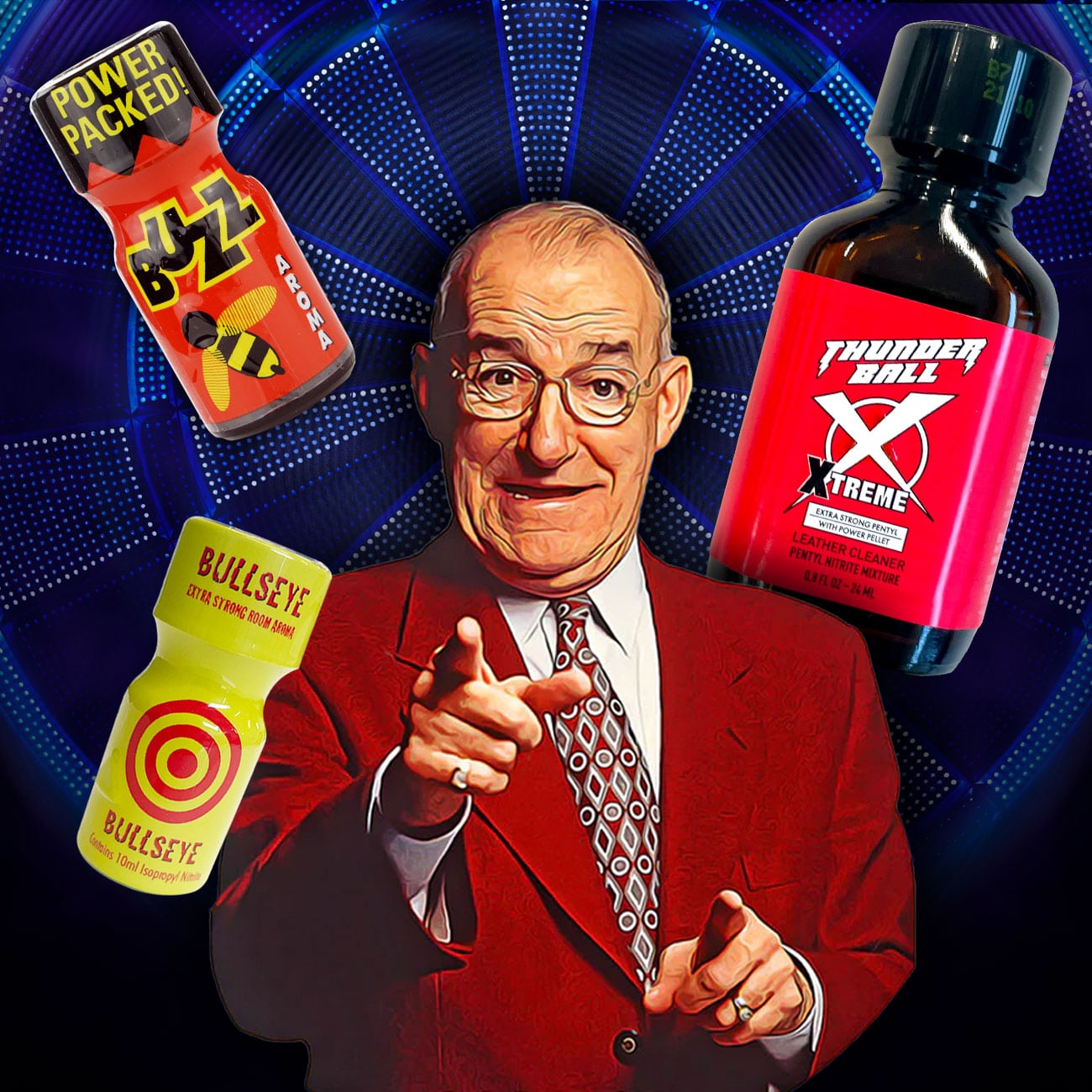 A whimsical illustration of a confident salesman in a red bowtie and glasses, pointing directly at the viewer, with an array of boldly labeled energy products called "thunder buzz" and "The Bullseye Pack".