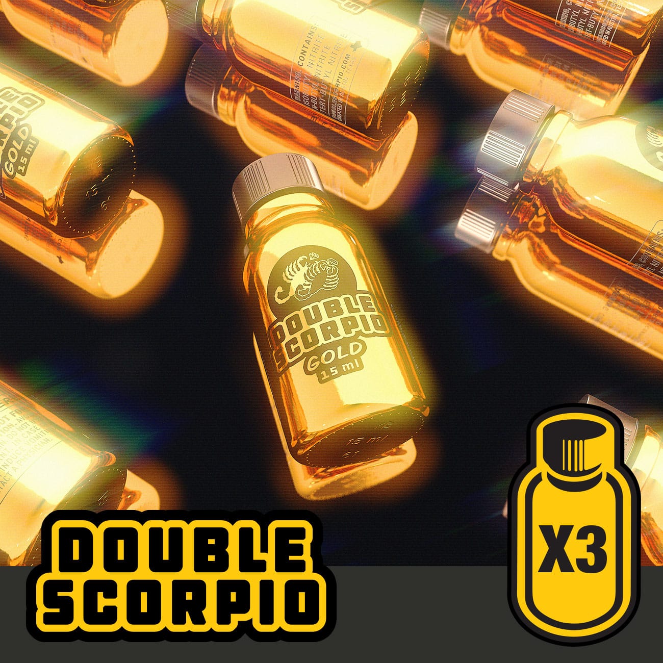 Shimmering amber bottles of "Double Scorpio Gold - Triple Pack (10ml x 3)" lined up against a dark background, casting reflections with a golden glow, and the emblem of a bottle with "x".