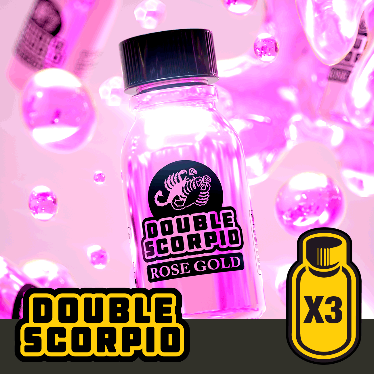 A vibrant pink-themed image featuring a 10ml bottle of Double Scorpio White Gold - Triple Pack (10ml x 3) against a backdrop of luminous bubbles and crystal-like structures, with a stylized 'x3' and a duplicate