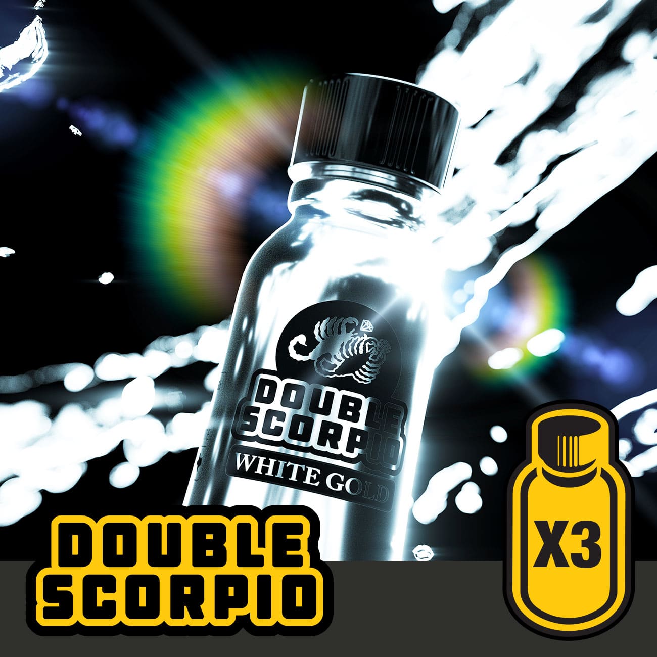 A luminous double scorpio white gold - triple pack (10ml x 3) with vibrant light effects in the background, emphasizing the intensity of the product, tripled by the 'x3' icon.