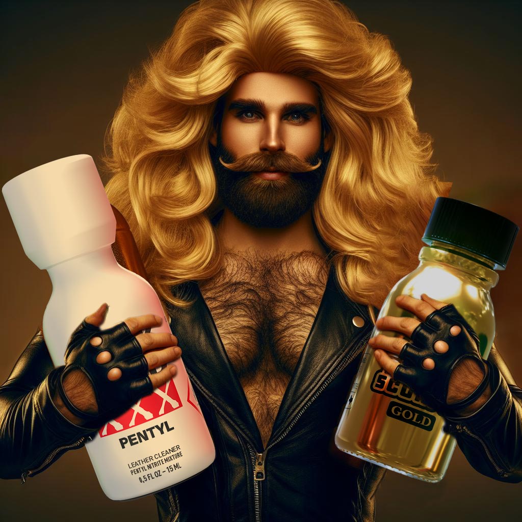 A man with voluminous, wavy blonde hair and a styled mustache, exhibiting a confident expression while holding two goldirocks hair care products, one white and one gold, against a warm