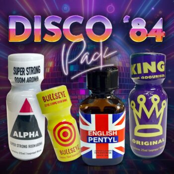 Space Odyssey Pack: Vintage vibe with colorful bottles of scented room aromas on a retro disco dance floor background.