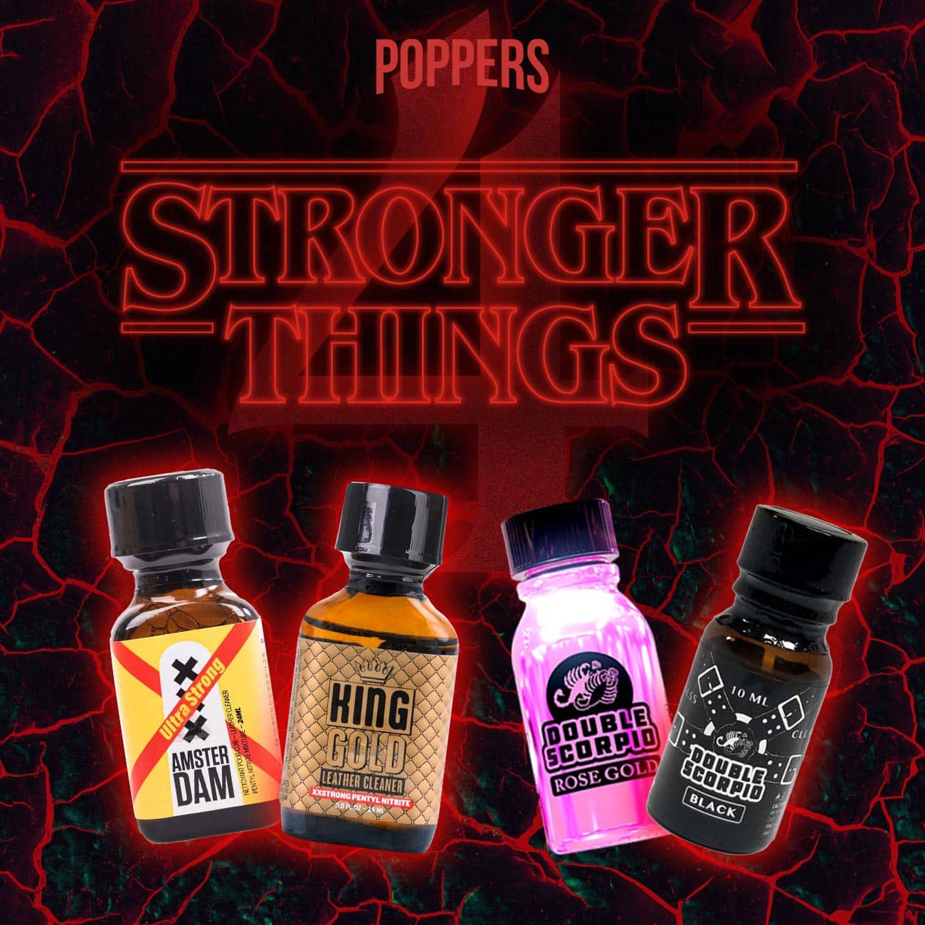 Unleash the power: stronger things 4 series poppers - intense sensations await with stronger things 4, king gold, double scorpio rose gold, and black.