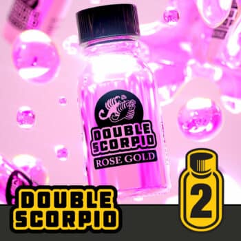 Vibrant pink Double Scorpio Rose Gold - Twin Pack (10ml x 2) bottles, each containing 10ml, with a scorpion logo amidst a sparkling, bubble-filled backdrop, suggesting a trendy and edgy vibe.