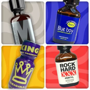 A Foursome collage of four different bottles of poppers with vibrant backgrounds, each featuring bold labelling of the Foursome names like "M PENTYL," "Blue Boy," "King.
